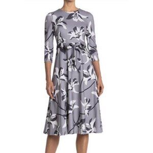 Calvin Klein Sz 2 Dress Gray Floral Midi Long Sleeve Belted Fit & Flare New NWT